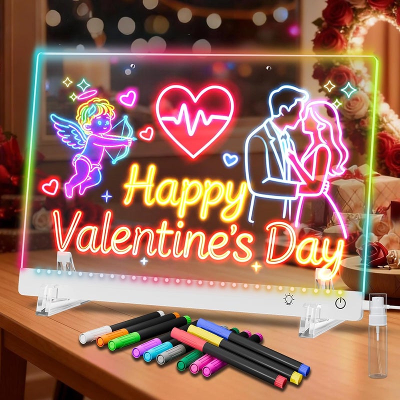 Gift4U Lumi LED Drawing Board with 12 Markers, 13.7"x10" LED Note Board with Colors, 4 Modes & 7 Colors Acrylic Dry Erase Board with Light for Home, Office, Birthday and Christmas Gifts(White) - Image 1